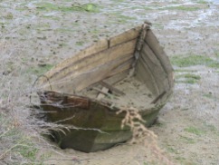 This old, long abandoned boat, which probably still bobs on the water when the tide is high, was sitting forlornly in the mud.